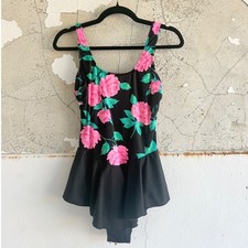 Vtg 80s Swimsuit Floral One Piece Skirted Swim Dress Rose Print Basic Editions M