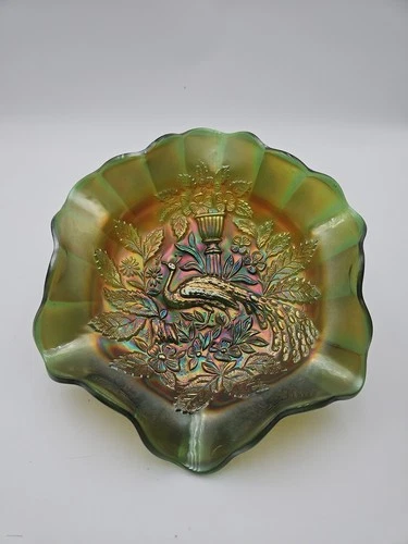 Vintage Green Carnival Glass Millersburg Peacock Bowl 10.25