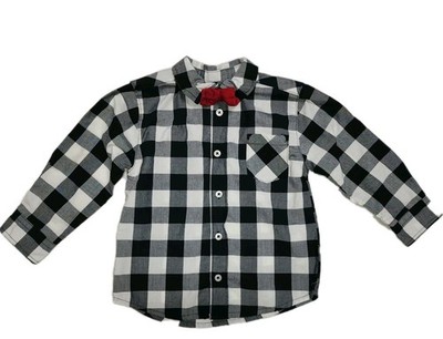 Mick Mack Baby Boy 18M Black White Plaid Long Sleeve Formal Shirt Detachable Bow