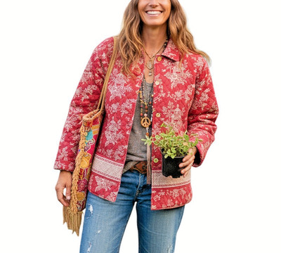 Tolle Women s Large Quilted Jacket Rust Brown Asian Button Up Lightweight Fall