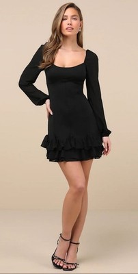 Lulus Gorgeous Expertise Black Ruffled Long Sleeve Mini Dress Size Small NWT!