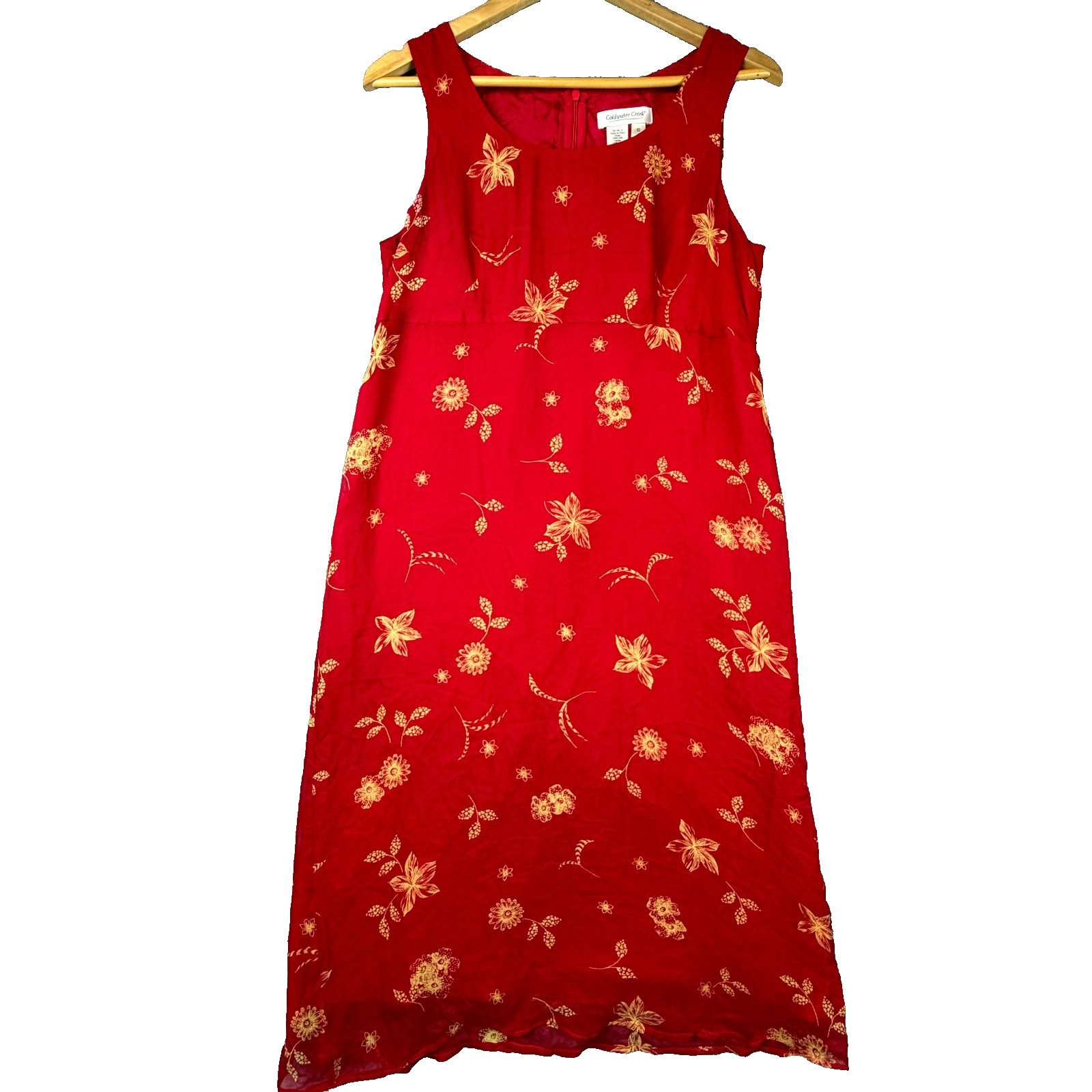 Coldwater Creek Shift Dress Womens 10 Red 100% Silk Floral Office Bright Boho