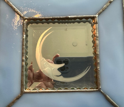 Stained Glass Window Panel Etched Moon Iridescent Blue Border Ready to Hang