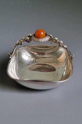 Vintage Camusso Peru Sterling Silver Amber Bon Bon Pin Nut Dish With Handle 32gr