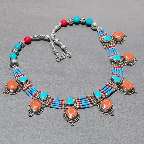 Red Coral Tibetan Turquoise Handmade Bohemian Nepali Jewelry Necklace 18" SR65