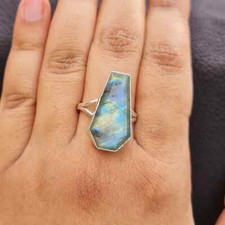 Solid 925 Sterling Silver Natural Labradorite Ring Gemstone Jewelry For Her E 54