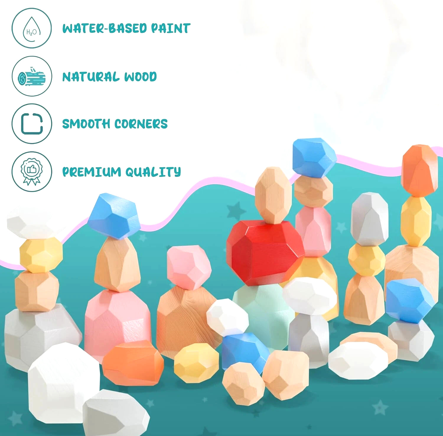 36 Piece Balancing Wooden Stone Blocks for Toddlers Multicolored Stacking Stones