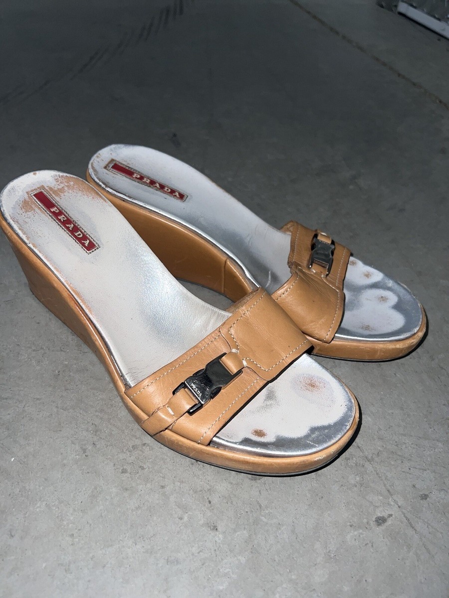 VTG Y2K PRADA Women's Sport Platform Wedge Sandals Shoes Tan
