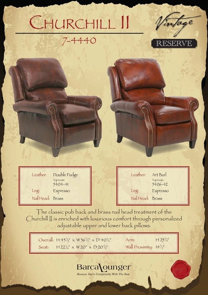 Tumbona reclinable Barcalounger Churchill II de cuero genuino doble caramelo Foto 4 de 4