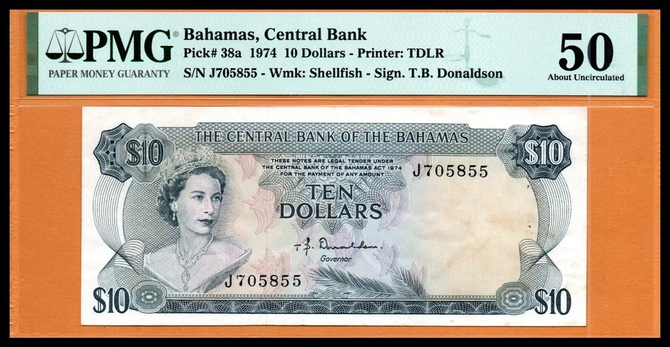 Bahamas AU Banknote 10 Dollars 1974 P-38a PMG 50 About Uncirculated - Image 2 of 4
