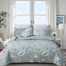 Coastal Quilt Set Full/Queen Size Ocean Themed Bedding Summer Beach Quilts Se...