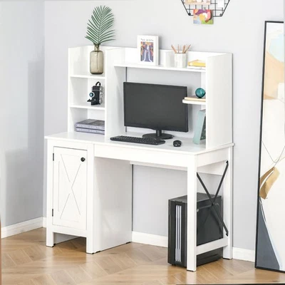HOMCOM Farmhouse Computer Desk W/ Hutch Tabletop Cabinet, Home Office Study, White