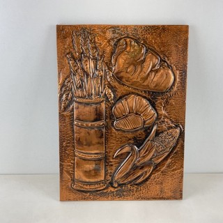 Vintage Corn Harvest Scene Hammered Copper Wall Art Plaque (C3) S#533