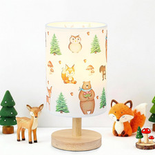 Woodland Animals Table Lamp - Woodland Kids Bedside Lamp with Linen Wooden Night