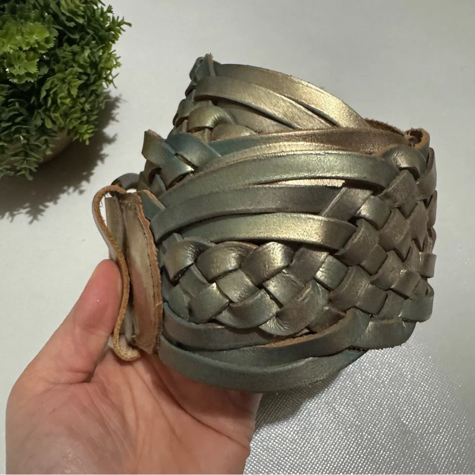 Vintage Express Genuine Leather Wide Corset Braided Belt Gold Size Large - Image 3 of 4