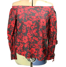Maurices Off-the-Shoulder Tie-Slit-Sleeve Floral Top Ruffle Cuff Black  Red M