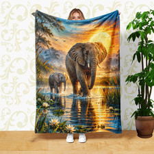 Elephants and Calf Wetland Sunset Coral Fleece Blanket Couch Decor