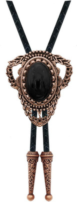 Vintage Black Stone Bolo Tie Native American Western Cowboy Retro Genunie Leathe
