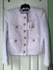 NWT 3150 BALMAIN Collarless Four-Pocket Tweed Fringe Jacket - Sz 44 EU 12 US 