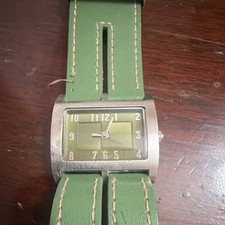 Green Quartz Analog Watch Rectangle Dial Arabic Numerals Leather Strap Stainles