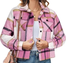 Dookttker Pink Plaid Shacket Women's 2XL Pink White Brown Cropped Flannel NWT