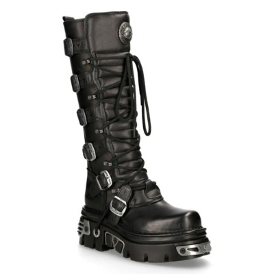 New Rock 272-S1 Black Boots Metallic Goth Knee High Zip Leather