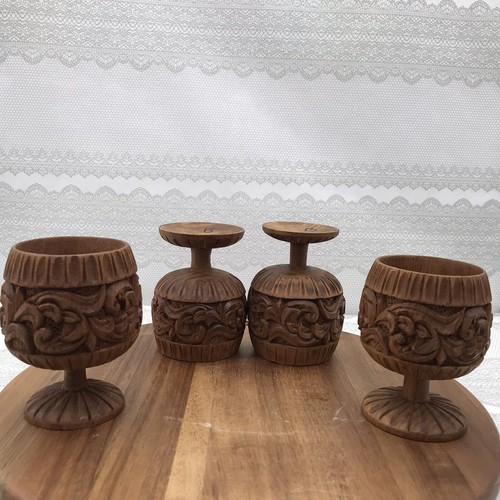 Vtg Wood Carved Footed Cup Boho Style 8oz Wood Goblets 4pc - Picture 2 of 12