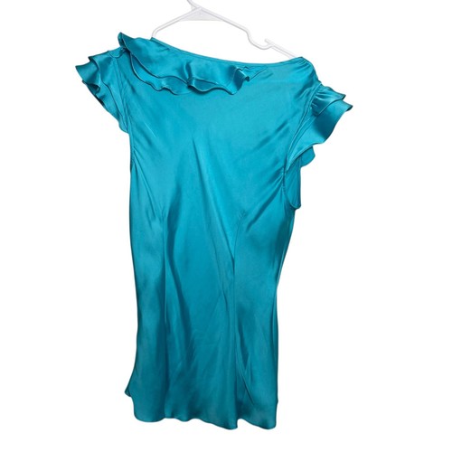 Sunny Leigh Blouse Women's Large Blue Ruffle Short Sleeve Y2k Asymmetrical - Picture 4 of 7
