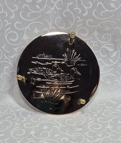 Vintage Brass Engraved Etched Bar Ware Ducks Cattail Coasters & Holder Set of 6 - Picture 8 of 11
