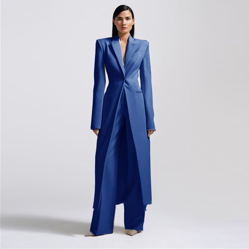 Long Women's Suit 2 Pieces Peak Lapel Evening Party Slim Outfit Wedding Blazer - Picture 3 of 20