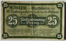 25 Pfennig Banknote Notgeld W.Limberg & Co Glash&uuml;ttenwerke Gifhorn 1.03.1920