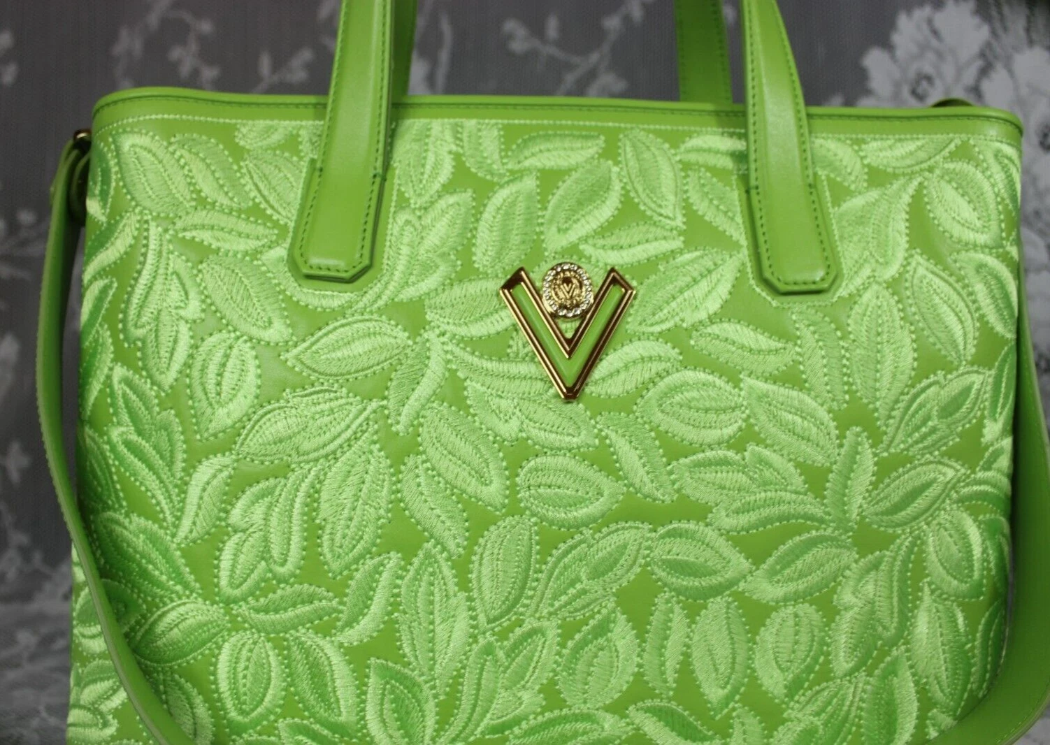 Borsa a tracolla Valentino Orlandi verde lime italiana in pelle ricamata nuova con etichette