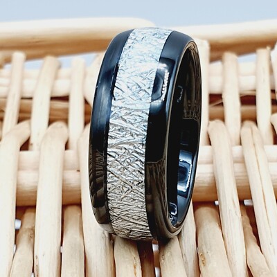 8mm Comfort-Fit Meteorite Black Tungsten Band Unique Anniversary Gift for Him