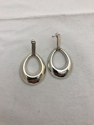 Sterling Silver .925 1 1/2" Pear Shaped Drop Earrings 1" wide Classy - Picture 2 of 8