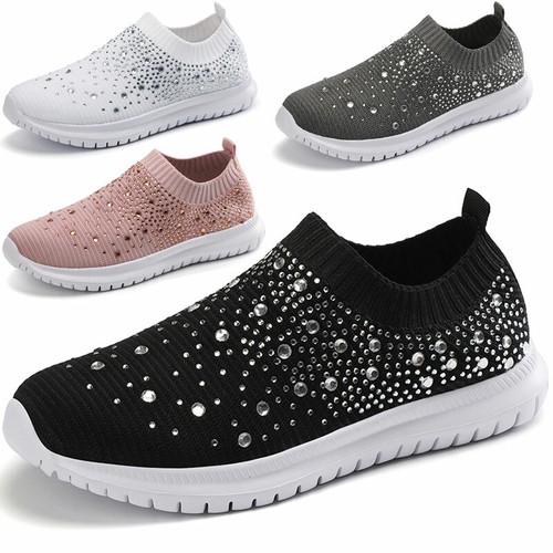 Womens Sparkly Glitter Sneakers Ladies Casual Slip on Trainers Sock Shoes Size - Picture 1 of 35