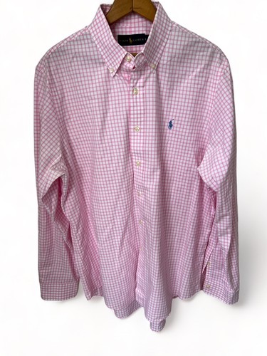 Ralph Lauren Mens Dress Shirt Sz Large Long Sleeve Blue Pony Pink Gingham Check