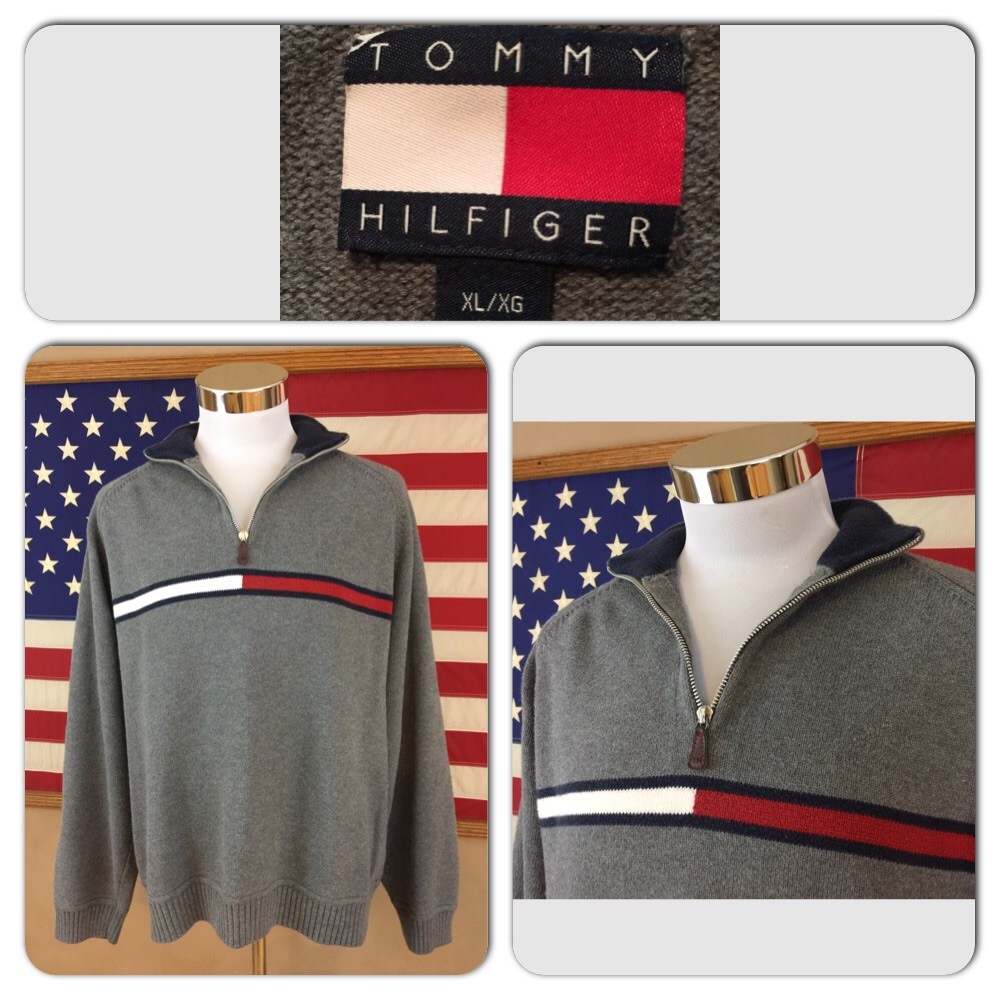 EXC COND VTG TOMMY HILFIGER MENS XL 1/4 ZIP FLAG LOGO PULLOVER