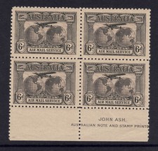 AUSTRALIA - 1931-38 KINGSFORD SMITH - 6d BROWN JOHN ASH IMPRINT BLOCK MUH
