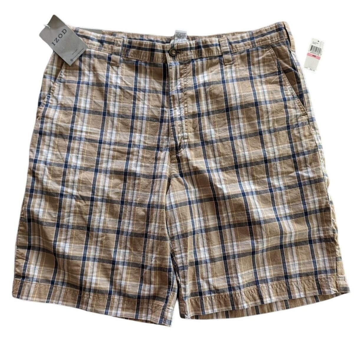 Izod Shorts Mens 40 W khaki Cotton Brown Blue Plaid Big Tall