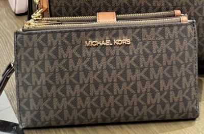 Michael Kors Jet Set Travel Large DoubleZip Wristlet Wallet MK Logo Brown