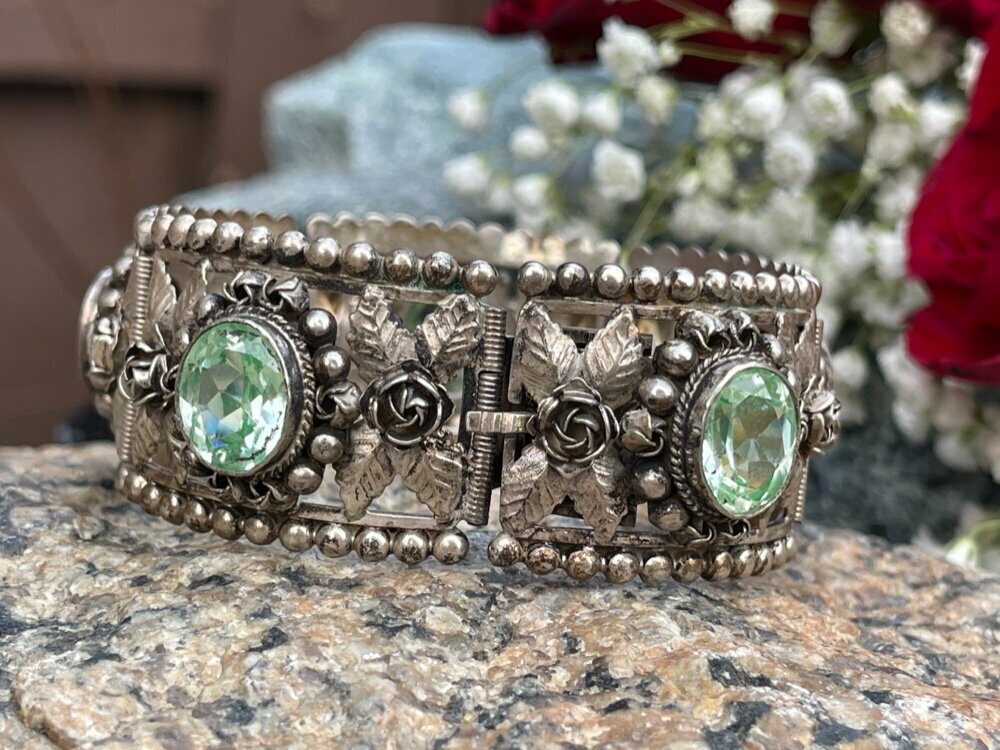 Vintage Signed Cellini Florence Italy 800 Silver Wide Green Stone