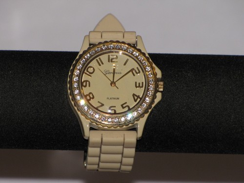 Geneva Platinum Watch Gold Plated Rhinestones Rubber Band Beige Womens 6886 - Picture 16 of 24