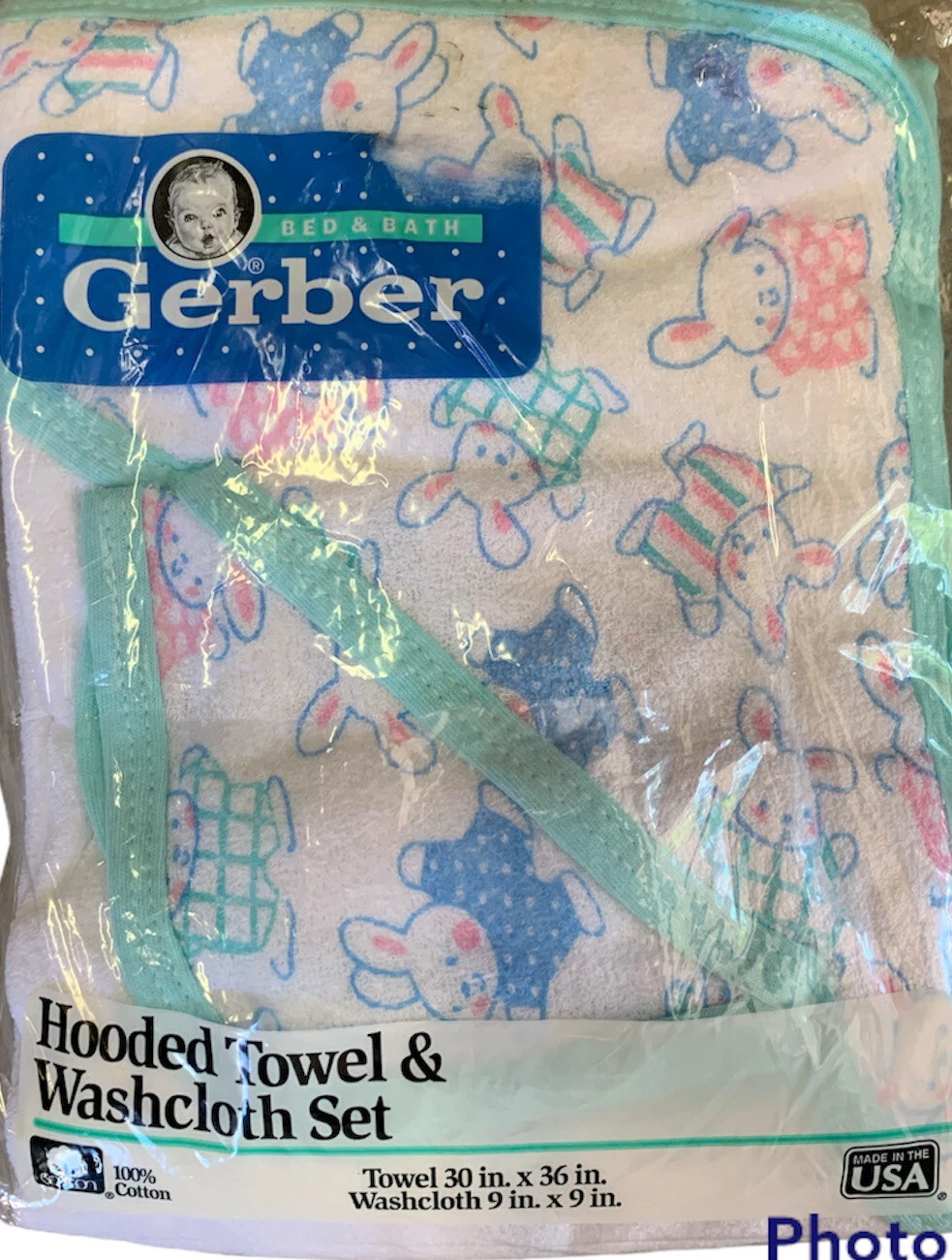 Vintage Gerber Hooded Baby Bath Towel & Washcloth Set NEW Bunny Rabbits Blue USA
Opens in a new wind