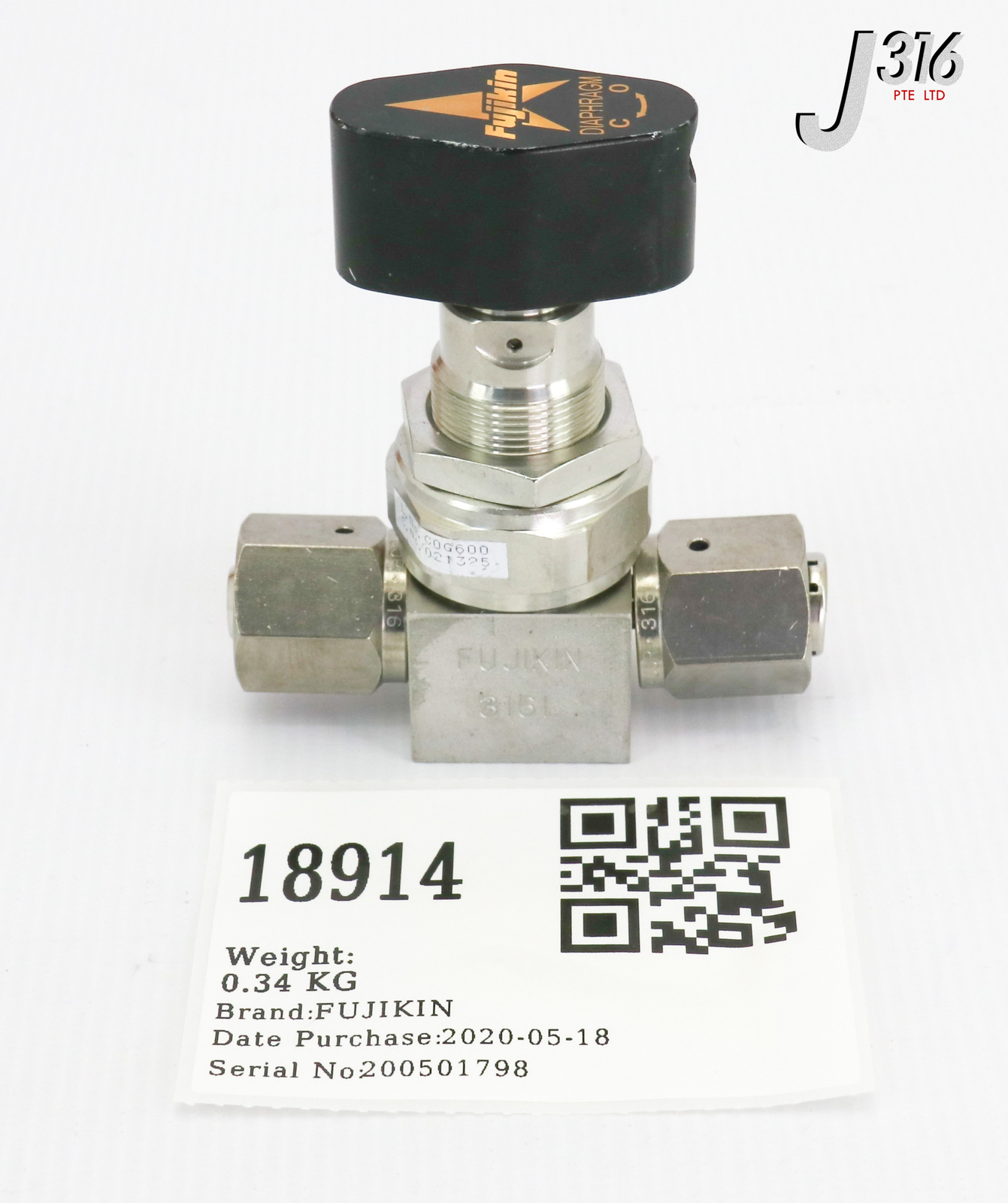 18914 FUJIKIN MANUAL DIAPHRAGM VALVE, ¼" FVCR 021325