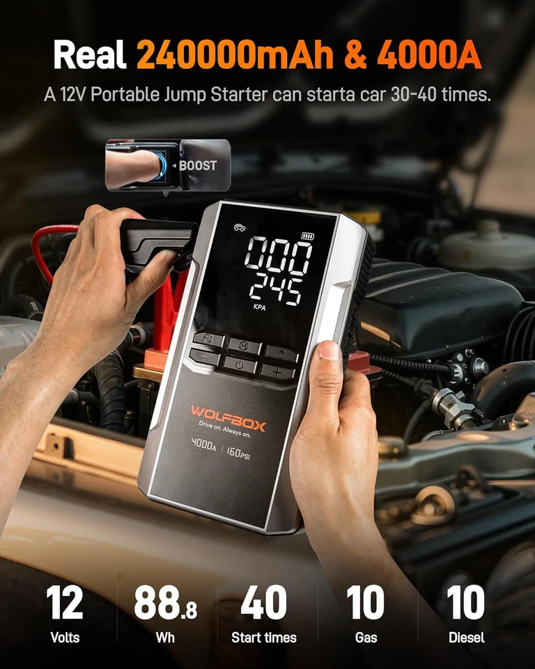 WOLFBOX Jump Starter with Air Compressor, 4000A Portable Car Battery Booster - Image 3 of 4