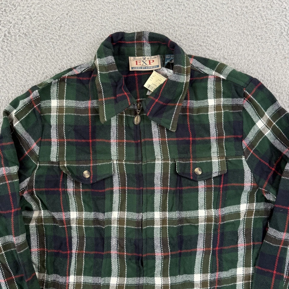 复古 Express Shacket 女式大号绿色格子拉链 90 年代法兰绒学院风全新带标签 — 第 3/4 张图片