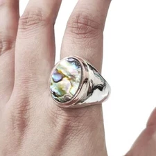 NATURAL ABALONE SHELL 925 STERLING SILVER CHRISTMAS PLAIN SIGNET HEAVY MENS RING