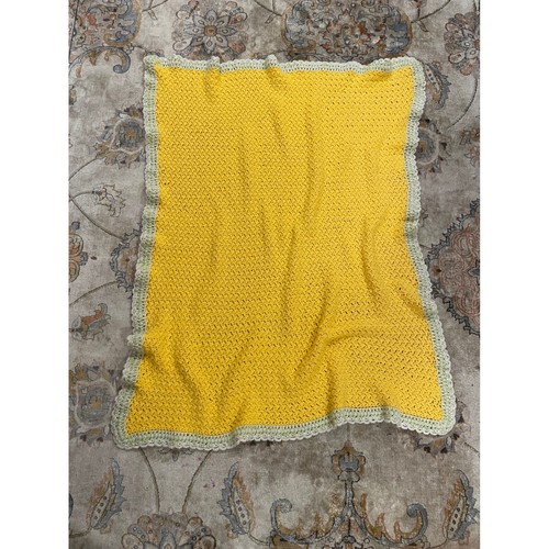 Handmade Crochet Baby Lap Throw Blanket Golden Yellow Tan Scalloped Edge 57x46