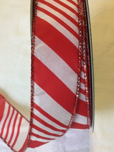 5 yds. WHITE & RED GLITTER CANDY CANE STRIPES WIRE EDGE RIBBON  1 1/2" Wide - Picture 1 of 1
