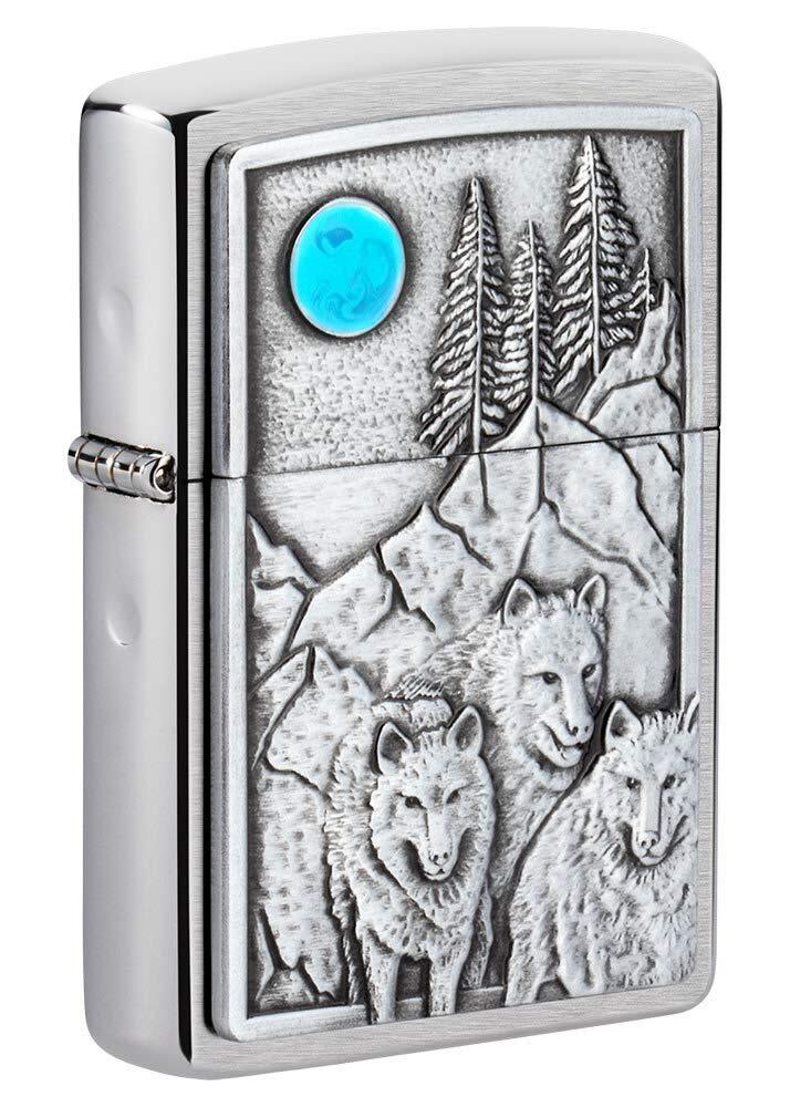 Zippo Wolf Pack and Moon 3d Emblem Brushed Chrome Windproof 